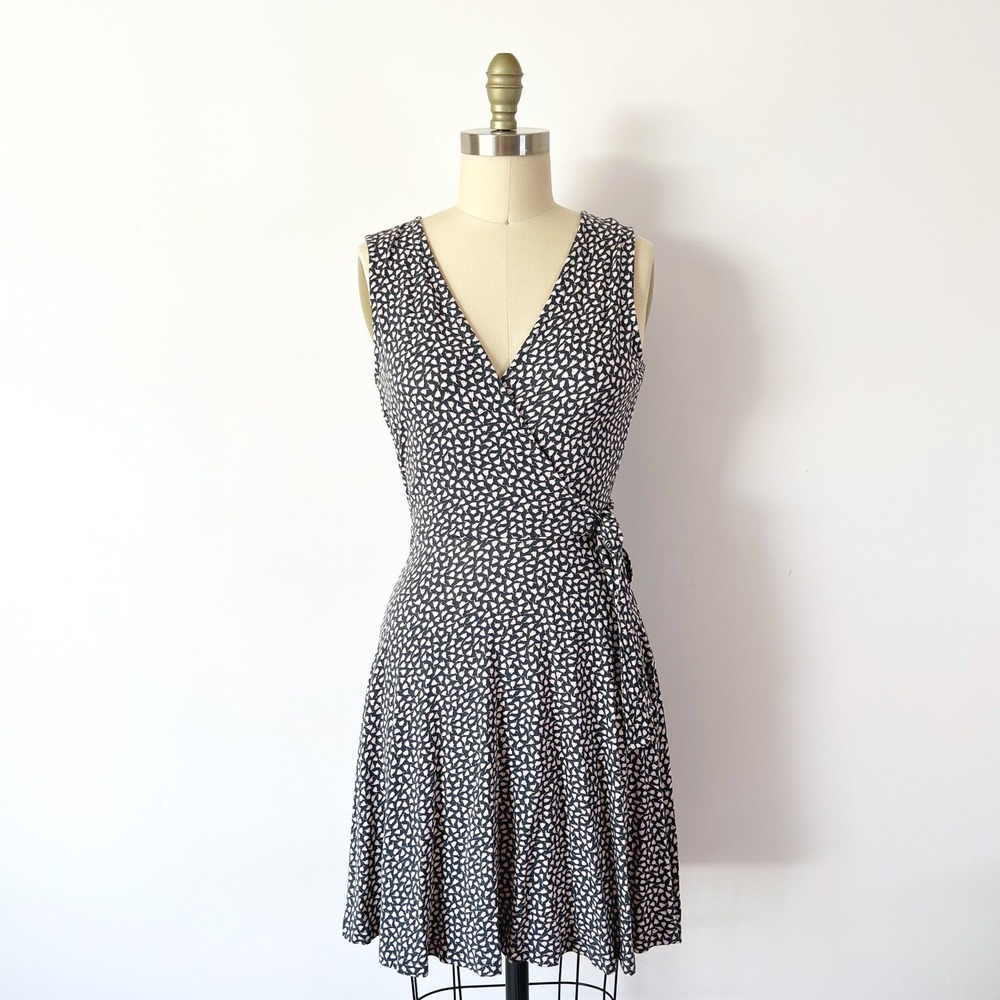Lascana Wrap‎ Dress Navy Blue Cream Abstract Print Sleeveless V-Neck US 2